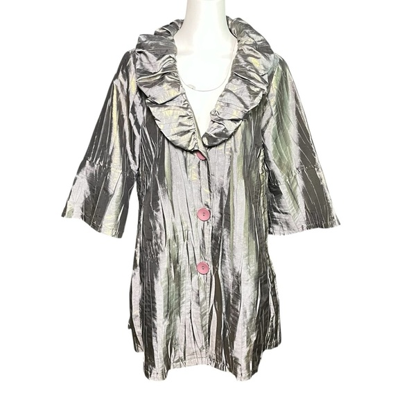 Damee Inc Wide Collar Swing Jacket with Pockets Silver Platinum Size M Shimmer - Picture 7 of 7